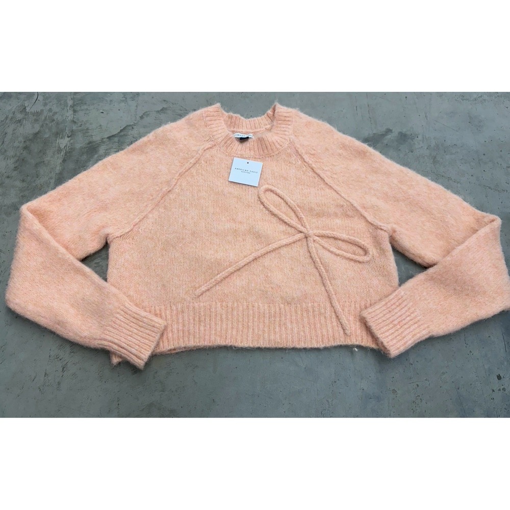 American Eagle Women's M Pink Fuzzy Belted Crewneck Pullover Sweater Soft Knit